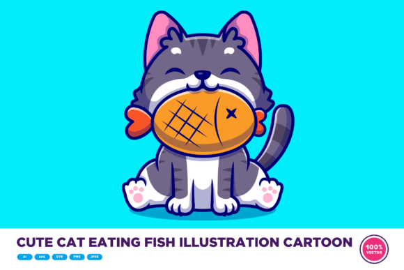 Download Cute Cat Eating Fish Illustration - Illustration Collection