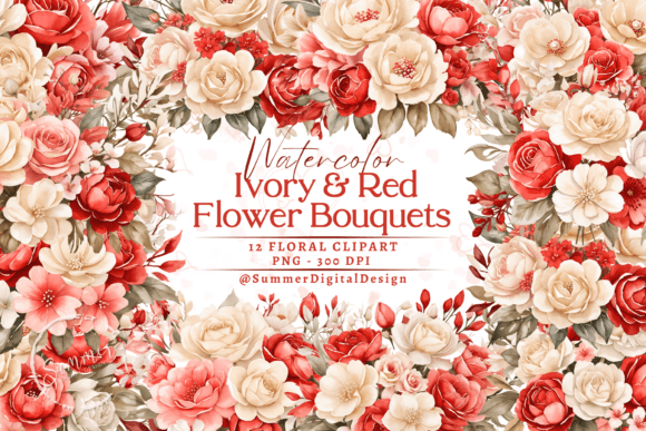 Download Watercolor Ivory and Pearl Red Flowers - Premium Bundle